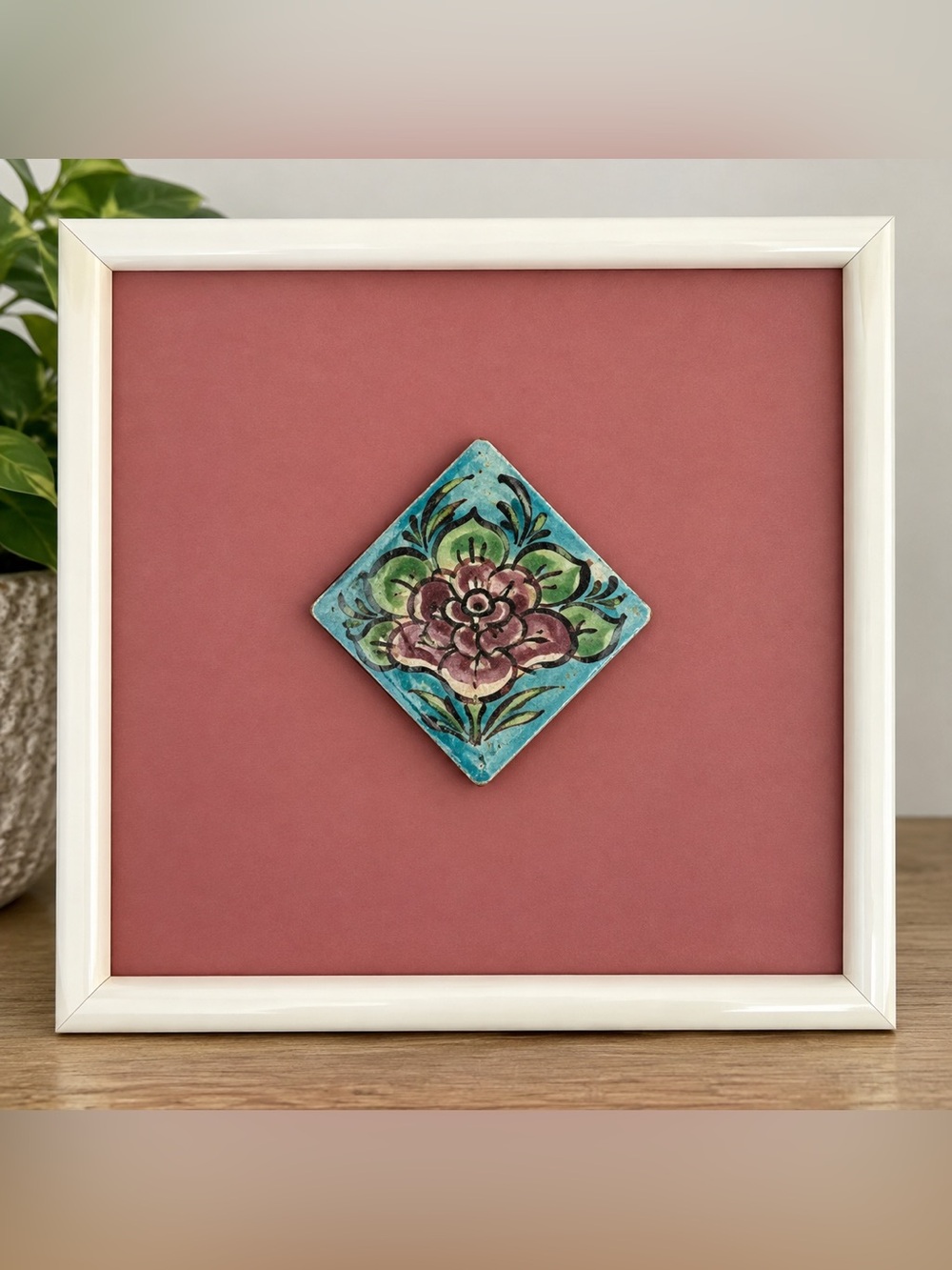 Vintage Hand-Painted Floral Ceramic Tile – Professionally Framed Wall Art
